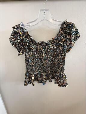 BCBG Women’s Smocked Floral Peplum Top Puff Sleeve Off Shoulder Black Yellow XS